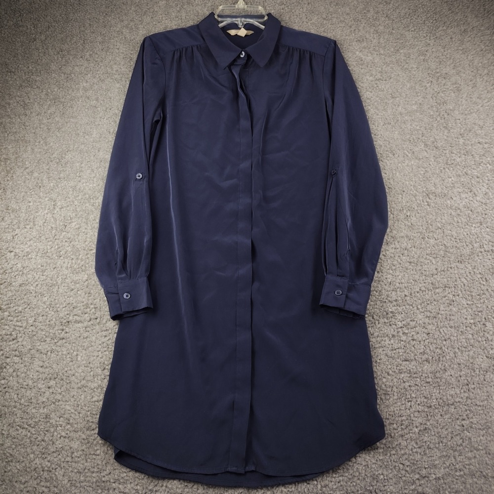 Banana Republic Shirt Dress Sz 4 Long Sleeve Roll Tab Navy Blue EUC